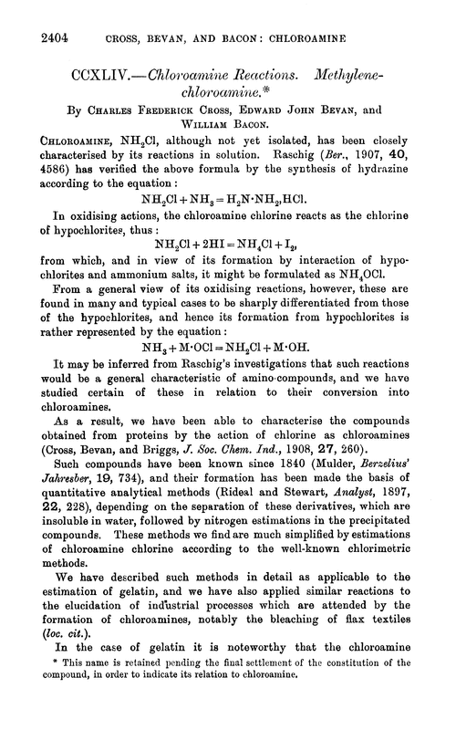 CCXLIV.—Chloroamine reactions. Methylenechloroamine