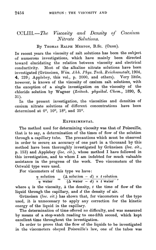 CCLIII.—The viscosity and density of caesium nitrate solutions