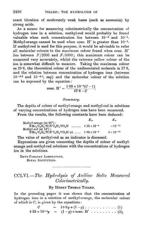 CCLVI.—The hydrolysis of aniline salts measured colorimetrically