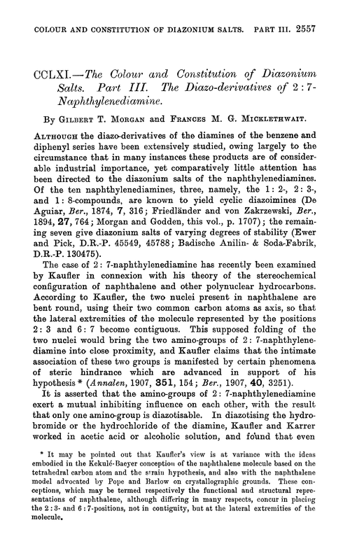 CCLXI.—The colour and constitution of diazonium salts. Part III. The diazo-derivatives of 2 : 7-naphthylenediamine