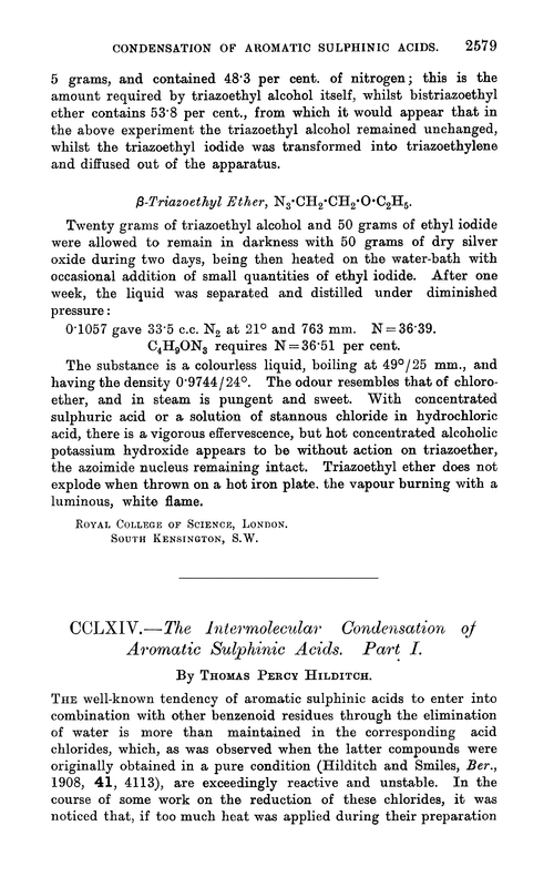 CCLXIV.—The intermolecular condensation of aromatic sulphinic acids. Part I