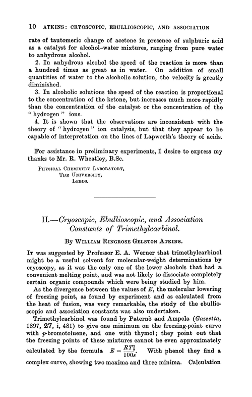 II.—Cryoscopic, ebullioscopic, and association constants of trimethylcarbinol