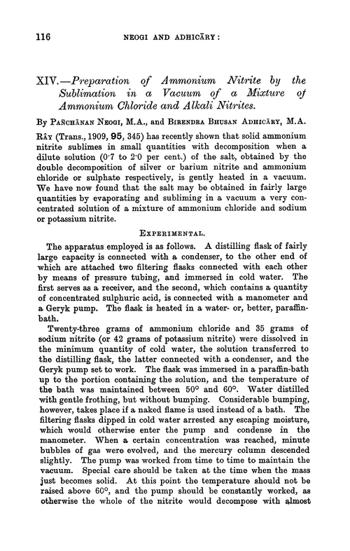 XIV.—Preparation of ammonium nitrite by the sublimation in a vacuum of a mixture of ammonium chloride and alkali nitrites