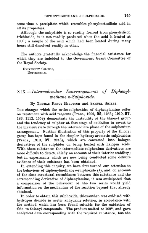 XIX.—Intramolecular rearrangements of diphenylmethane o-sulphoxide