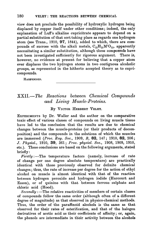 XXII.—The reactions between chemical compounds and living muscle-proteins