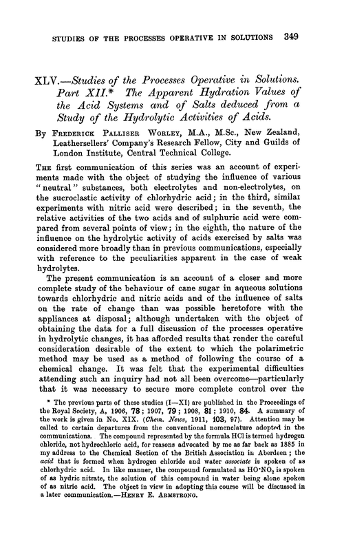 XLV.—Studies of the processes operative in solutions. Part XII. The apparent hydration values of the acid systems and of salts deduced from a study of the hydrolytic activities of acids