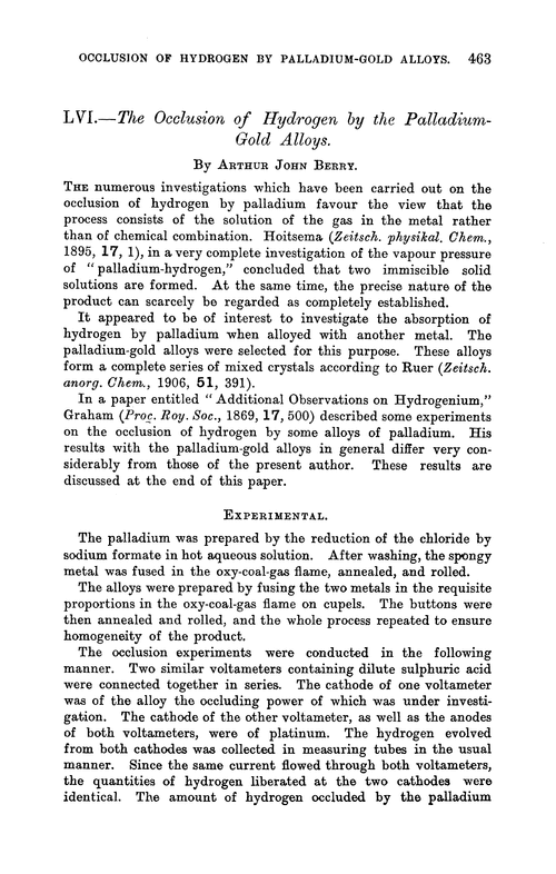 LVI.—The occlusion of hydrogen by the palladium- gold alloys
