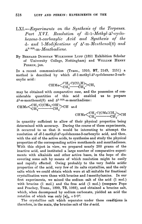 LXI.—Experiments on the synthesis of the terpenes. Part XVI. Resolution of dl-1-methyl-Δ3-cyclohexene-3-carboxylic acid and synthesis of the d- and 1-modifications of Δ3-m-menthenol(8) and Δ3:8(9)-m-menthadiene