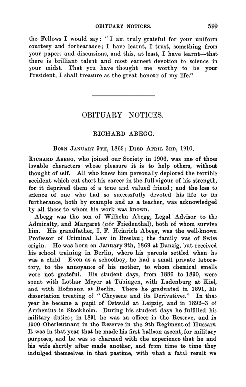 Obituary notices: Richard Abegg, 1869–1910; Michael Carteighe, 1841–1910; Oscar Guttmann, 1855–1910; Charles Hanson Greville Williams, 1829–1910