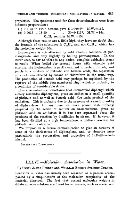 LXXVI.—Molecular association in water
