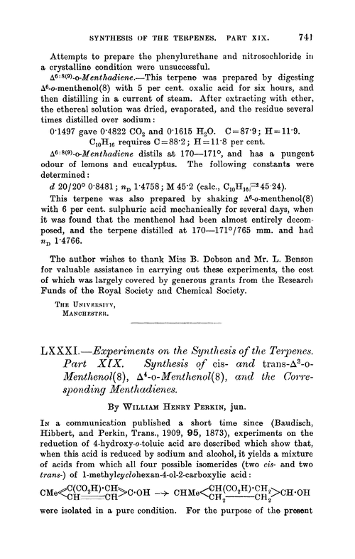 LXXXI.—Experiments on the synthesis of the terpenes. Part XIX. Synthesis of cis- and trans-Δ3-o-menthenol(8), Δ4-o-menthenol(8), and the corresponding menthadienes