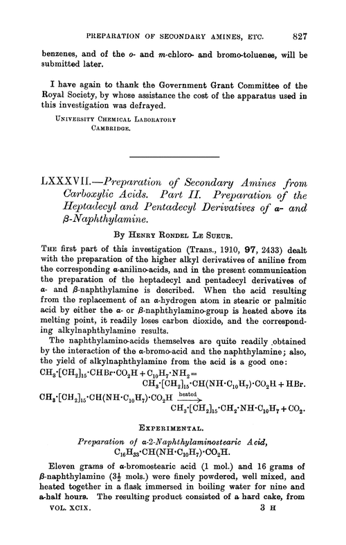 LXXXVII.—Preparation of secondary amines from carboxylic acids. Part II. Preparation of the heptadecyl and pentadecyl derivatives of α- and β-naphthylamine