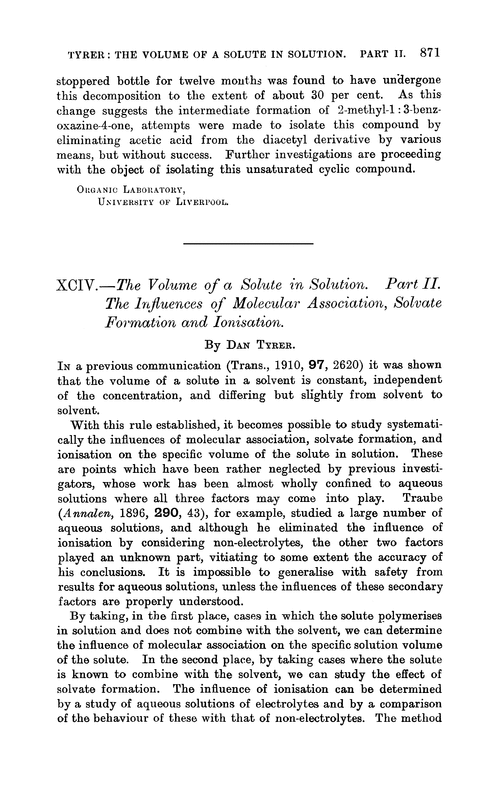 XCIV.—The volume of a solute in solution. Part II. The influences of molecular association, solvate formation and ionisation