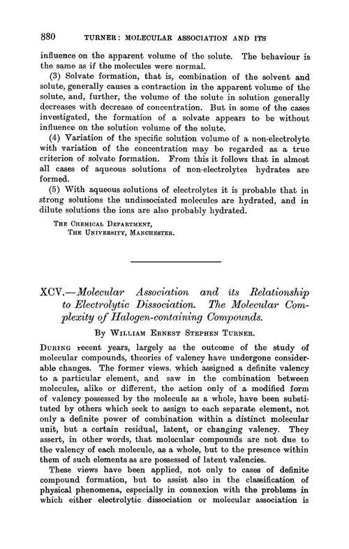 XCV.—Molecular association and its relationship to electrolytic dissociation. The molecular complexity of halogen-containing compounds