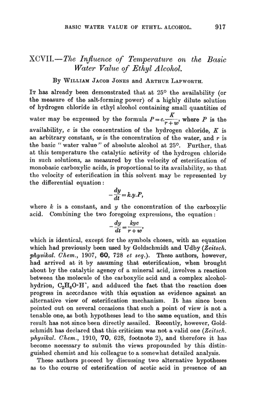 XCVII.—The influence of temperature on the basic water value of ethyl alcohol
