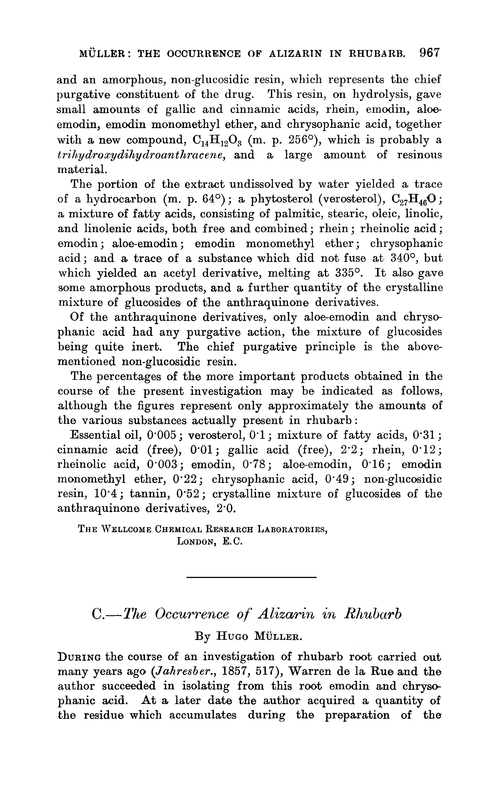 C.—The occurrence of alizarin in rhubarb