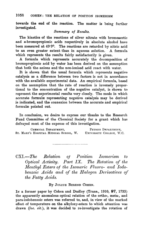 CXI.—The relation of position isomerism to optical activity. Part IX. The rotation of the menthyl esters of the isomeric fluoro- and iodobenzoic acids and of the halogen derivatives of the fatty acids