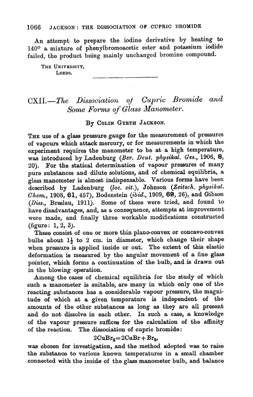 CXII.—The dissociation of cupric bromide and some forms of glass manometer