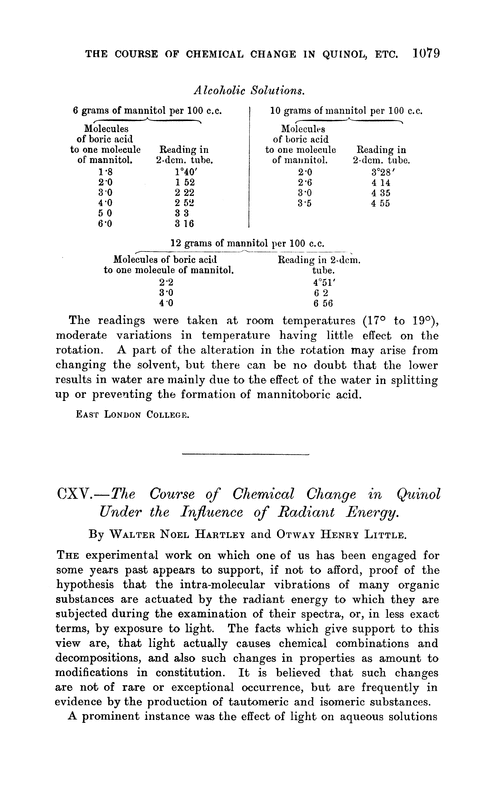 CXV.—The course of chemical change in quinol under the influence of radiant energy