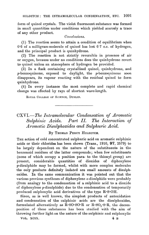 CXVI.—The intramolecular condensation of aromatic sulphinic acids. Part II. The interaction of aromatic disulphoxides and sulphuric acid