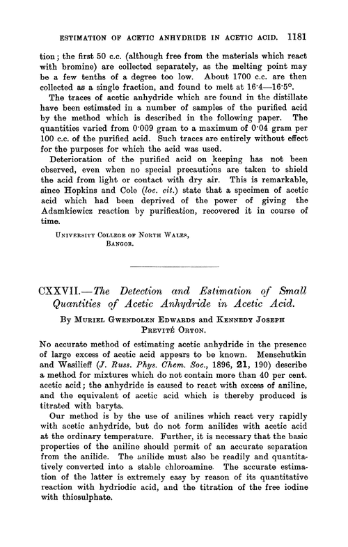 CXXVII.—The detection and estimation of small quantities of acetic anhydride in acetic acid