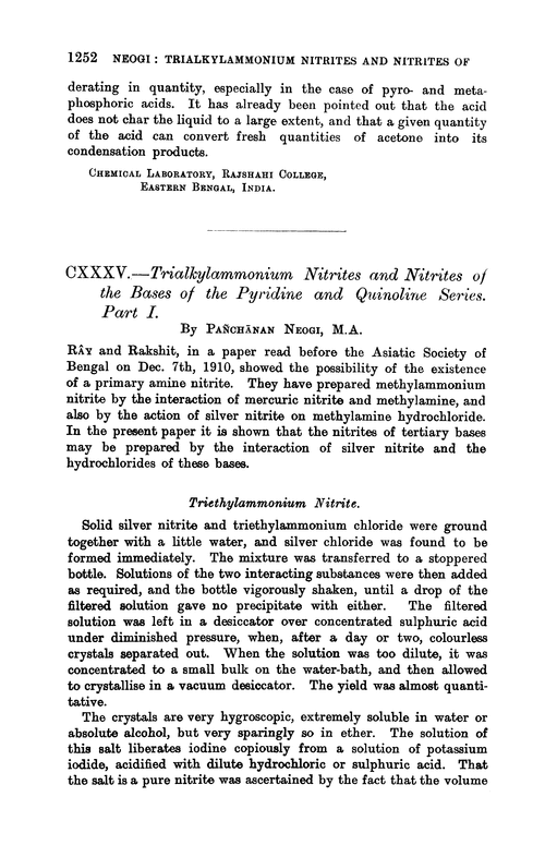CXXXV.—Trialkylammonium nitrites and nitrites of the bases of the pyridine and quinoline series. Part I