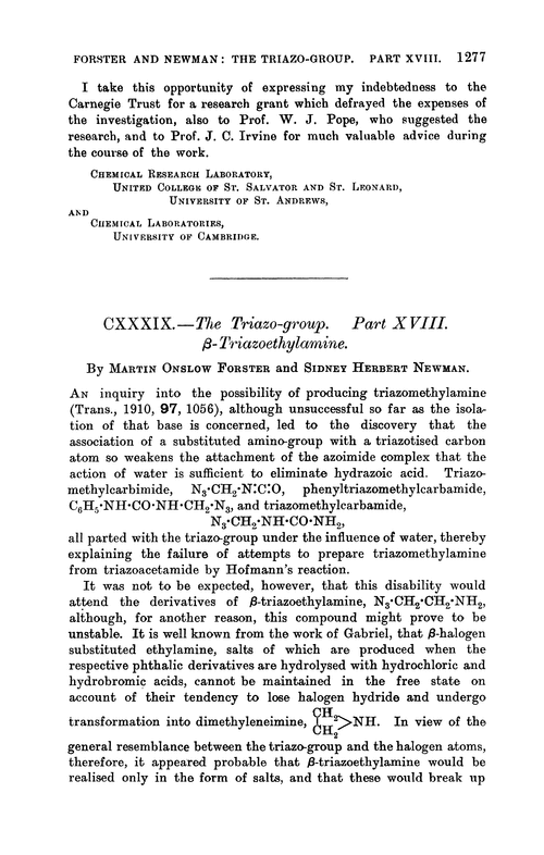 CXXXIX.—The triazo-group. Part XVIII. β-Triazoethylamine