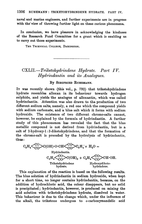CXLII.—Triketohydrindene hydrate. Part IV. Hydrindantin and its analogues
