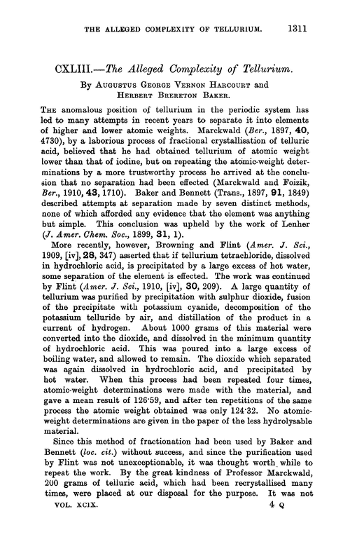 CXLIII.—The alleged complexity of tellurium