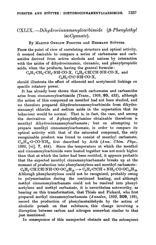 CXLIX.—Dihydrocinnamenylcarbimide (β-phenylethyl isocyanate)