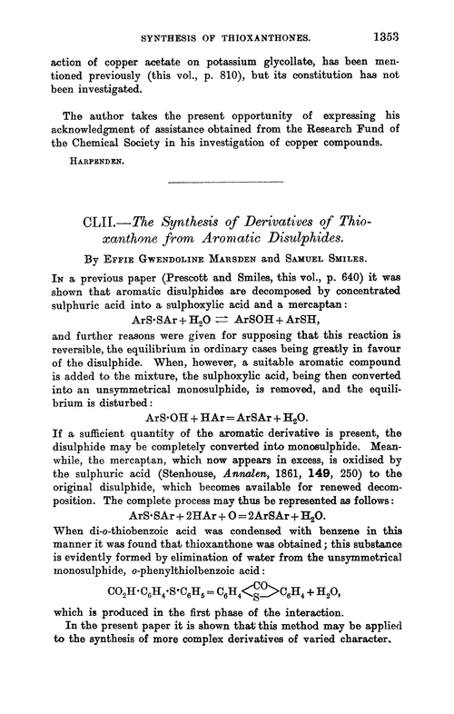 CLII.—The synthesis of derivatives of thioxanthone from aromatic disulphides