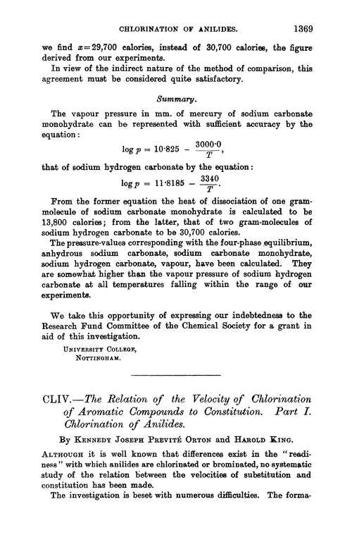 CLIV.—The relation of the velocity of chlorination of aromatic compounds to constitution. Part I. Chlorination of anilides