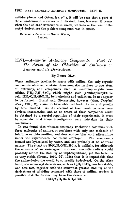 CLVI.—Aromatic antimony compounds. Part II. The action of the chlorides of antimony on aniline and its derivatives