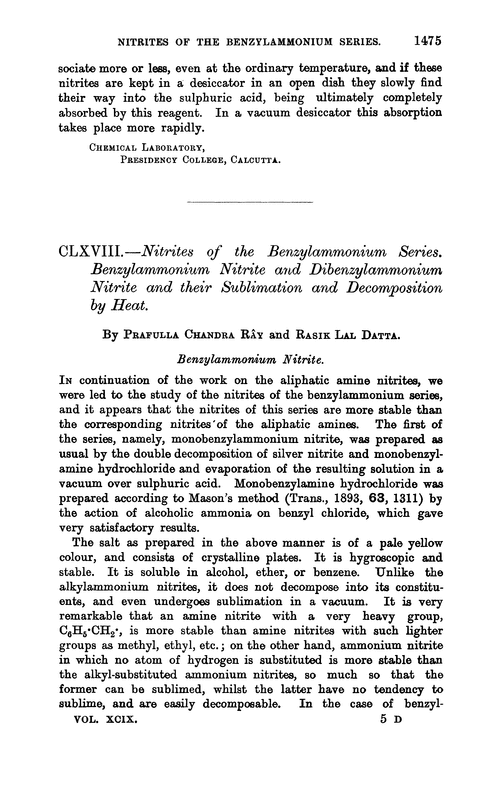 CLXVIII.—Nitrites of the benzylammonium series. Benzylammonium nitrite and dibenzylammonium nitrite and their sublimation and decomposition by heat