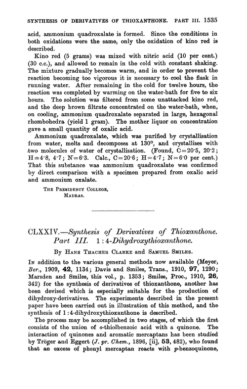 CLXXIV.—Synthesis of derivatives of thioxanthone. Part III. 1 : 4-Dihydroxythioxanthone