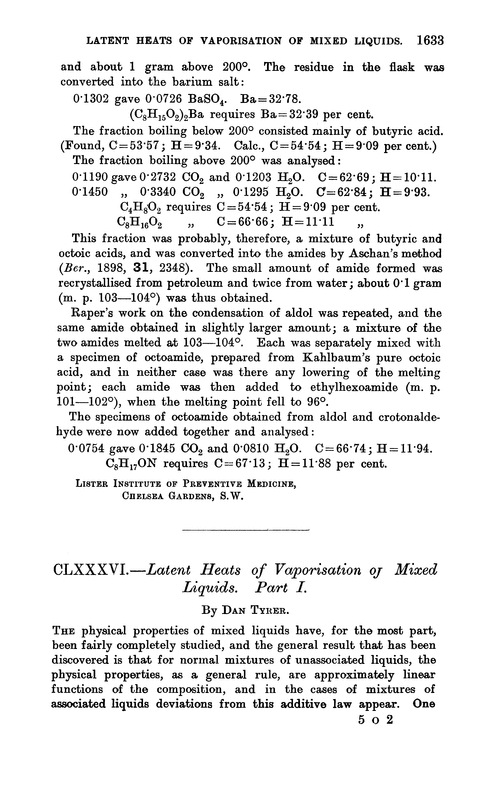 CLXXXVI.—Latent heats of vaporisation of mixed liquids. Part I