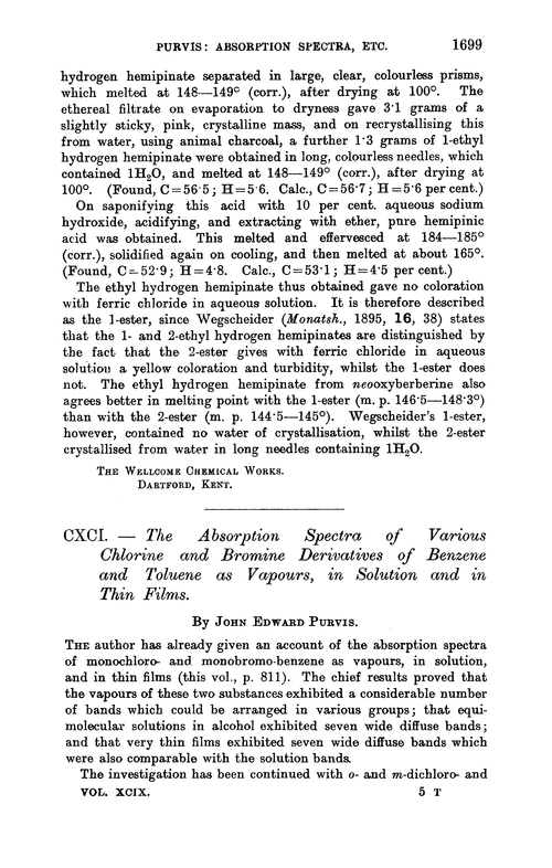 CXCI.—The absorption spectra of various chlorine and bormine derivatives of benzene and toluene as vapours, in solution and in thin films