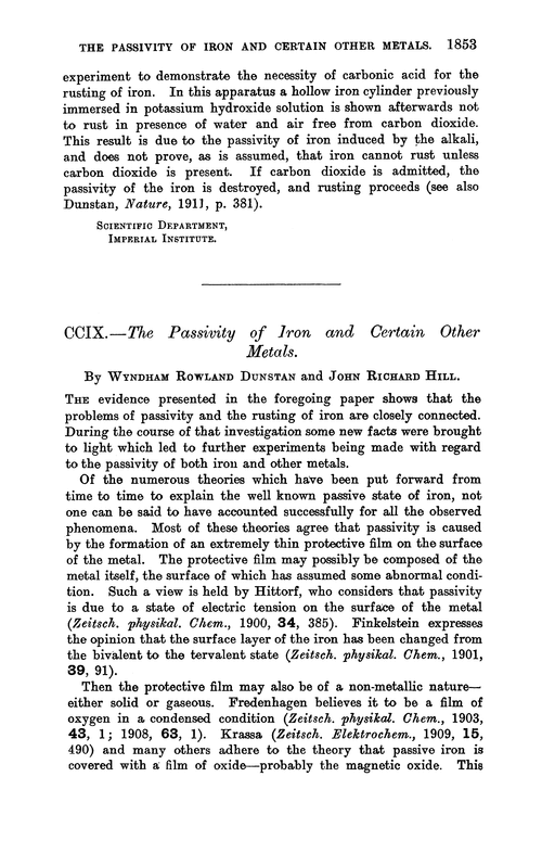 CCIX.—The passivity of iron and certain other metals