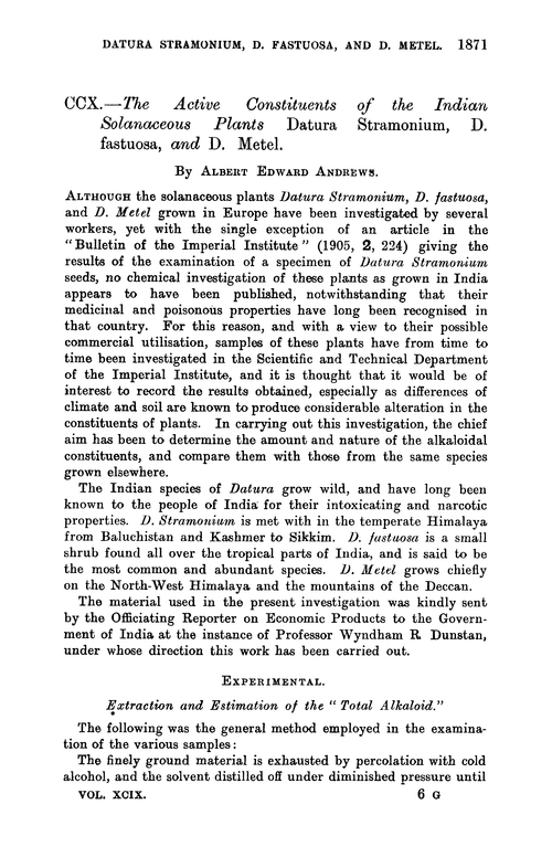 CCX.—The active constituents of the Indian solanaceous plants Datura stramonium, D. fastuosa, and D. metel