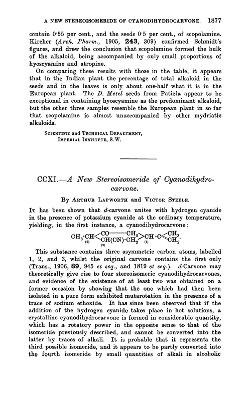 CCXI.—A new stereoisomeride of cyanodihydrocarvone