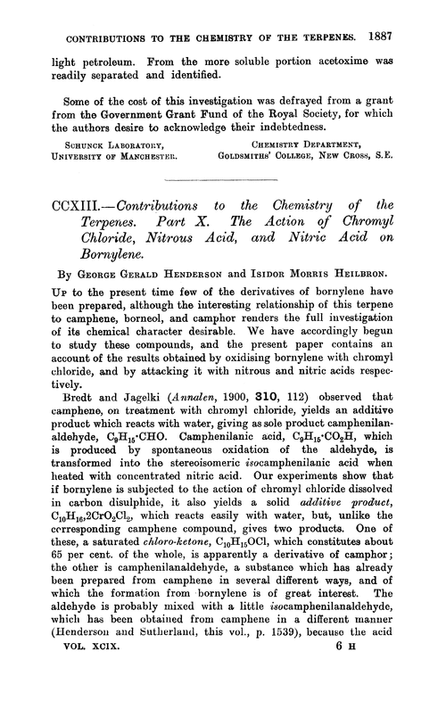 CCXIII.—Contributions to the chemistry of the terpenes. Part X. The action of chromyl chloride, nitrous acid, and nitric acid on bornylene