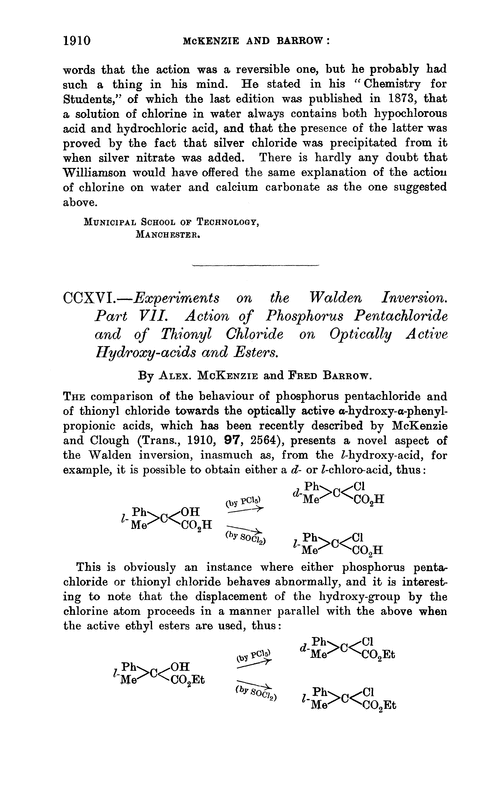 CCXVI.—Experiments on the Walden inversion. Part VII. Action of phosphorus pentachloride and of thionyl chloride on optically active hydroxy-acids and esters