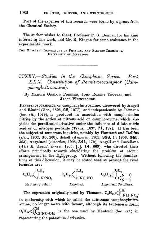 CCXXV.—Studies in the camphane series. Part XXX. Constitution of pernitrosocamphor (camphenylnitroamine)