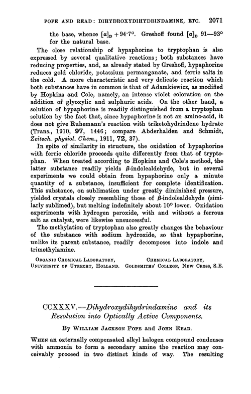 CCXXXV.—Dihydroxydihydrindamine and its resolution into optically active components