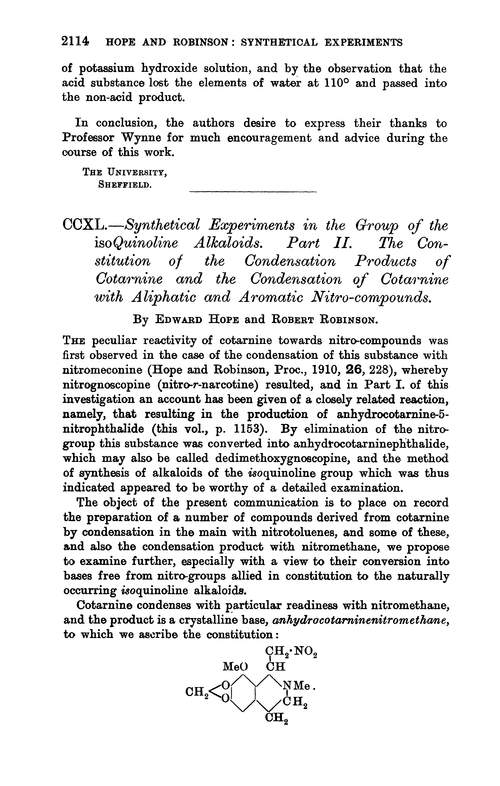 CCXL.—Synthetical experiments in the group of the isoquinoline alkaloids. Part II. The constitution of the condensation products of cotarnine and the condensation of cotarnine with aliphatic and aromatic nitro-compounds