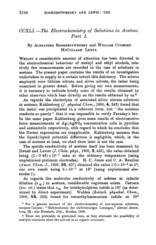 CCXLI.—The electrochemistry of solutions in acetone. Part I