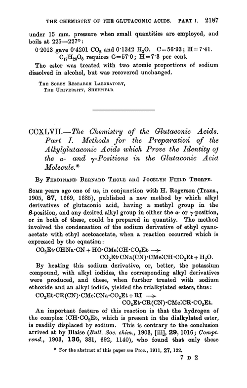 CCXLVII.—The chemistry of the glutaconic acids. Part I. Methods for the preparation of the alkylglutaconic acids which prove the identity of the α- and γ-positions in the glutaconic acid molecule