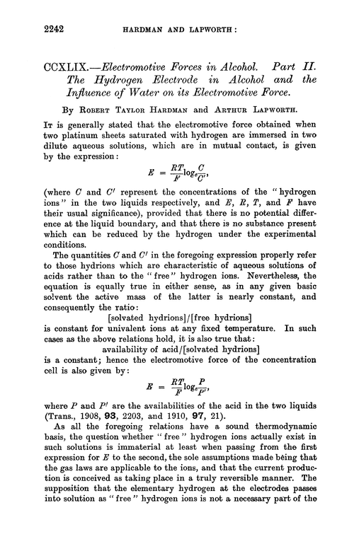 CCXLIX.—Electromotive forces in alcohol. Part II. The hydrogen electrode in alcohol and the influence of water on its electromotive force