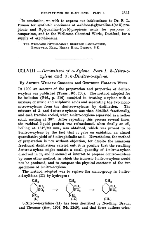 CCLVIII.—Derivatives of o-xylene. Part I. 3-Nitro-o-xylene and 3 : 6-dinitro-o-xylene