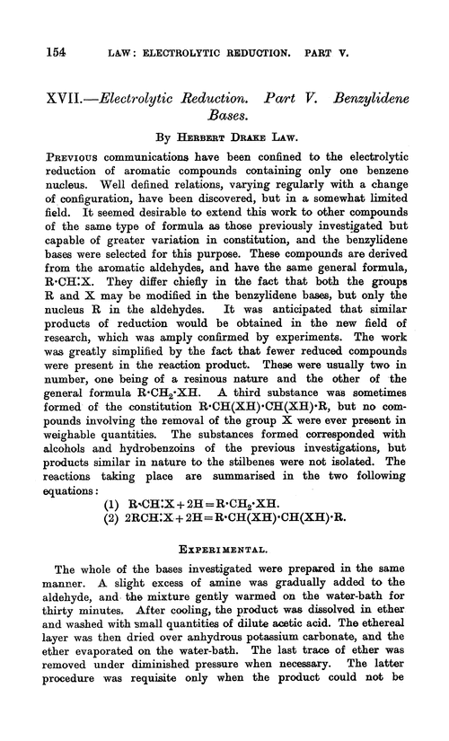 XVII.—Electrolytic reduction. Part V. Benzylidene bases